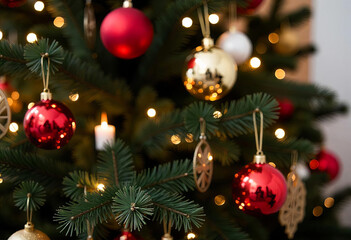 Artificial Christmas tree with balls and candles close-up