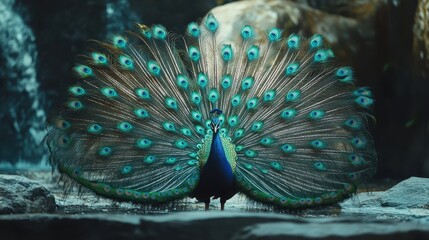 Obraz premium A majestic peacock displaying its iridescent feathers in full fan.