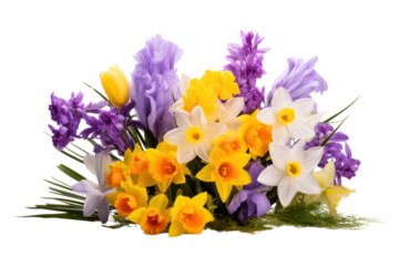 A colorful arrangement of blooming daffodils, hyacinths, and crocuses captured in a soft natural light isolated on white background