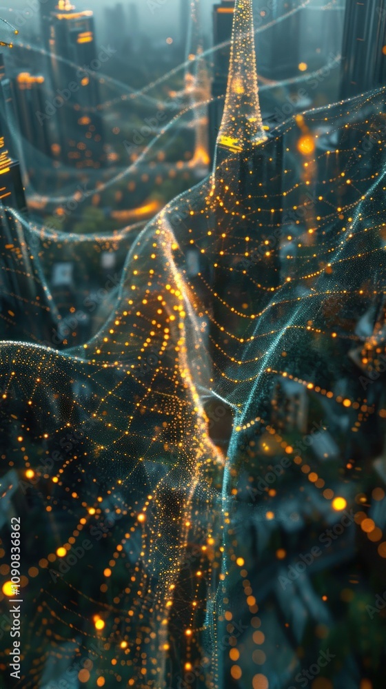 Poster abstract city skyline with glowing lines and dots representing digital network connections.
