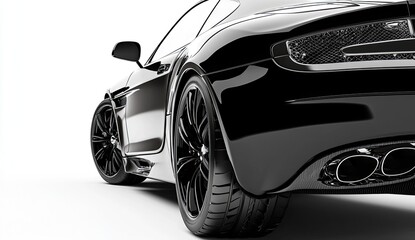 Black luxury car close-up on a white background with copy space, detailed car body with chrome elements and shining wheels