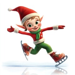 A cheerful cartoon elf in a red and green outfit skate on ice, wearing a Santa hat and smiling joyfully.