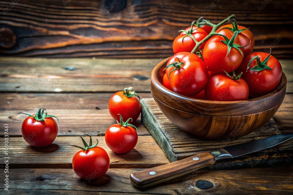 Poster fresh red tomatoes on a rustic wooden table with a sharp knife and a bowl, perfect for culinary and 