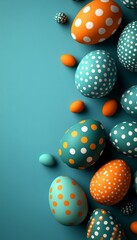 Obraz premium Festive Arrangement of Teal and Coral Easter Eggs with Polka Dot Pattern on Solid Teal Background