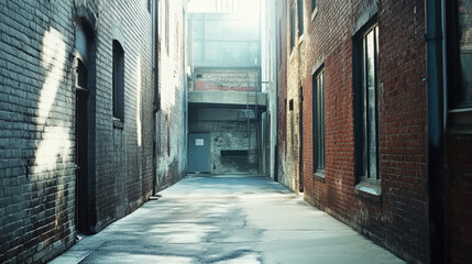 Fototapeta premium A sunlit urban alleyway with brick walls and shadows cast by nearby buildings, creating a tranquil yet mysterious atmosphere.