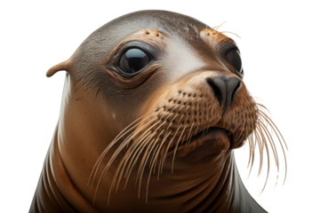 A close-up of a sea lion's face showing detailed features including its nose, whiskers, and expressive eyes isolated on white background