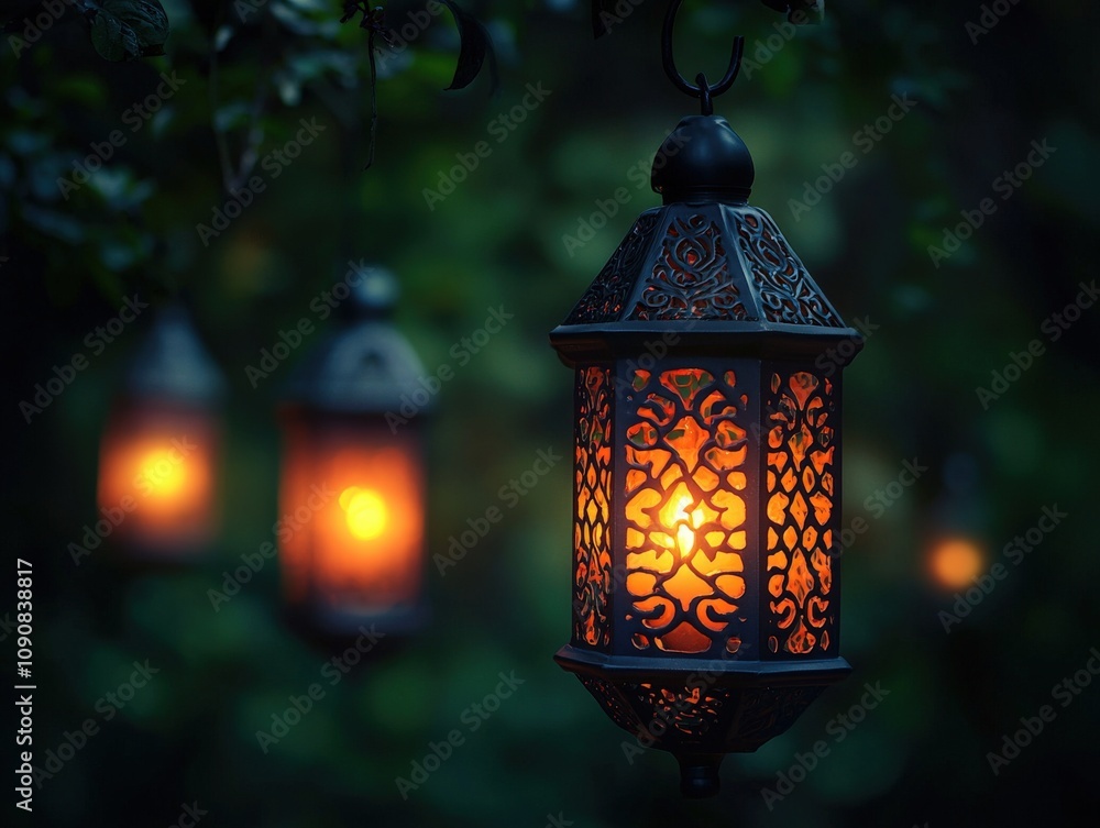 Poster elegant lanterns casting a warm glow in a serene evening setting, creating a magical atmosphere in t