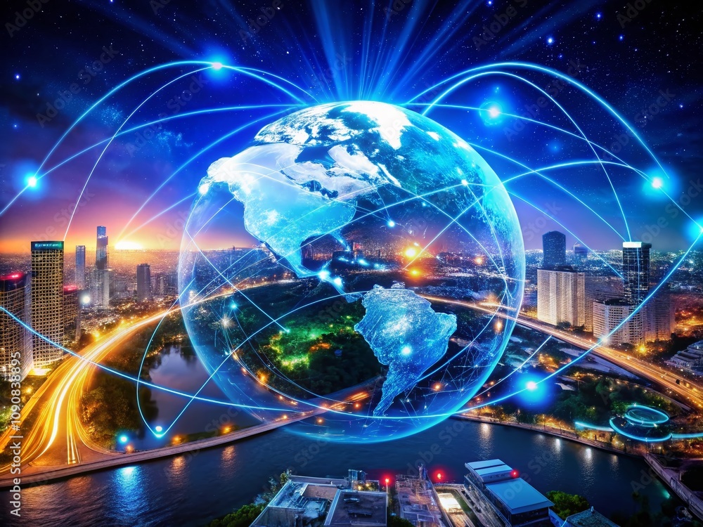 Poster futuristic blue earth rotating with bright connections and augmented reality interfaces in a connect