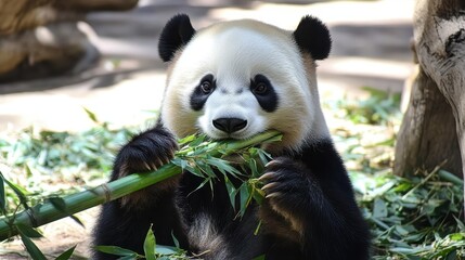 Obraz premium A panda munching on a thick stalk of bamboo in a tranquil sanctuary.