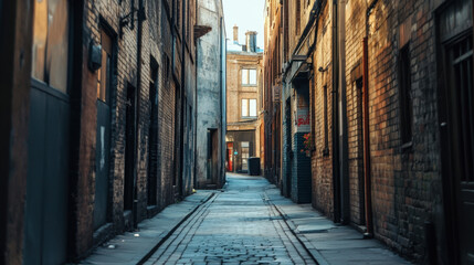 Fototapeta premium Narrow, moody alleyway with brick walls and cobblestone path, bathed in soft light, creating a mysterious and historical urban atmosphere.