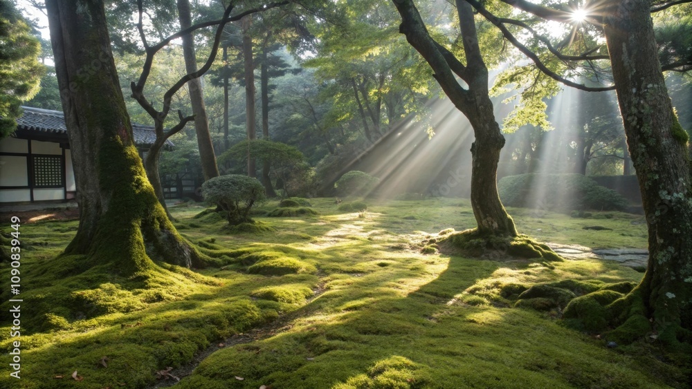 Poster sunlight filters down casting intricate patterns on the mosscovered ground inviting exploration and 