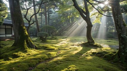 Obraz premium Sunlight filters down casting intricate patterns on the mosscovered ground inviting exploration and wonder.