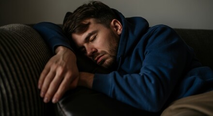 Obraz premium Man in blue hoodie sleeping peacefully on comfortable sofa in casual setting
