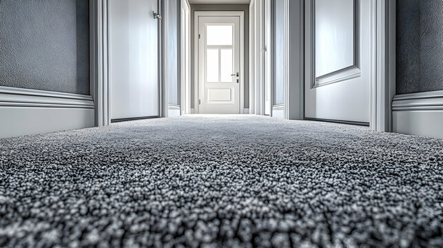 A low angle view of a grey carpet hallway with white doors and white baseboards, showcasing the texture of the carpet and the depth of the hallway.