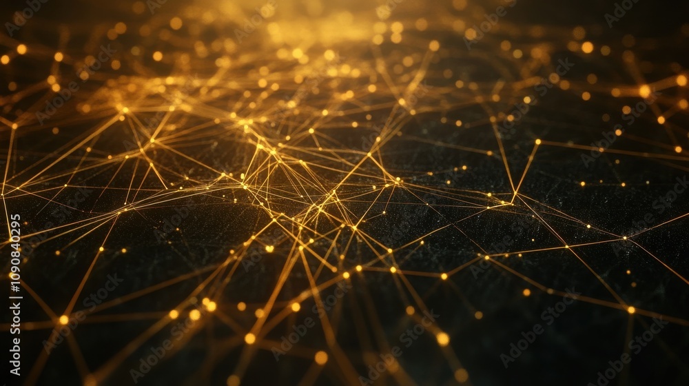 Poster An intricate abstract digital background showcasing golden points and lines creating a luminous network on a dark surface