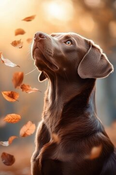 Chocolate Labrador Retriever Amidst Autumn Leaves A Canines Tranquil Gaze in Natures Embrace.