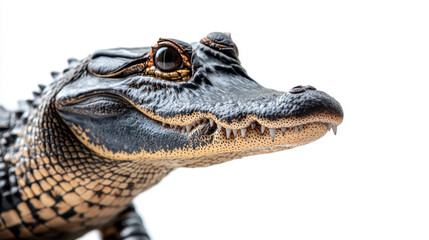 Fototapeta premium Close-up portrait of a young alligator with detailed scales and sharp teeth against a white background.