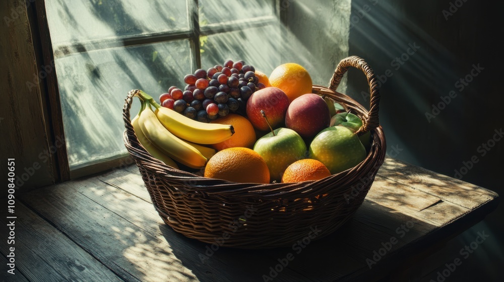 Poster a wicker basket filled with a vibrant assortment of fresh fruits beside a sunlit window in a rustic 