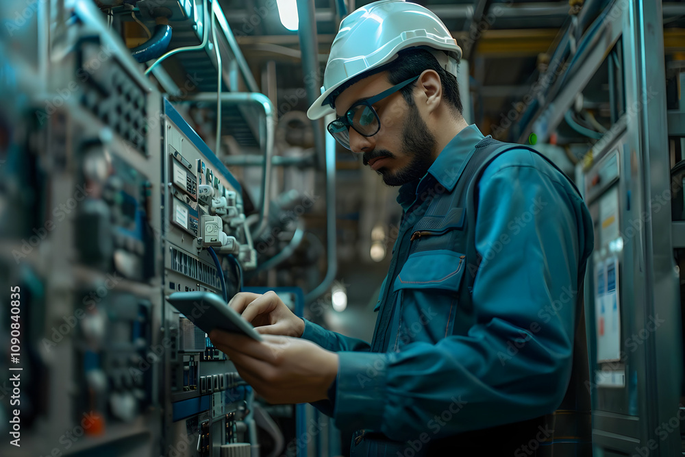 Poster engineer using a tablet to inspect industrial machinery in a factory setting, showcasing technologic