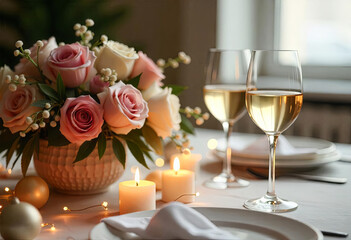 Table with glasses of champagne and a bouquet of roses with candles