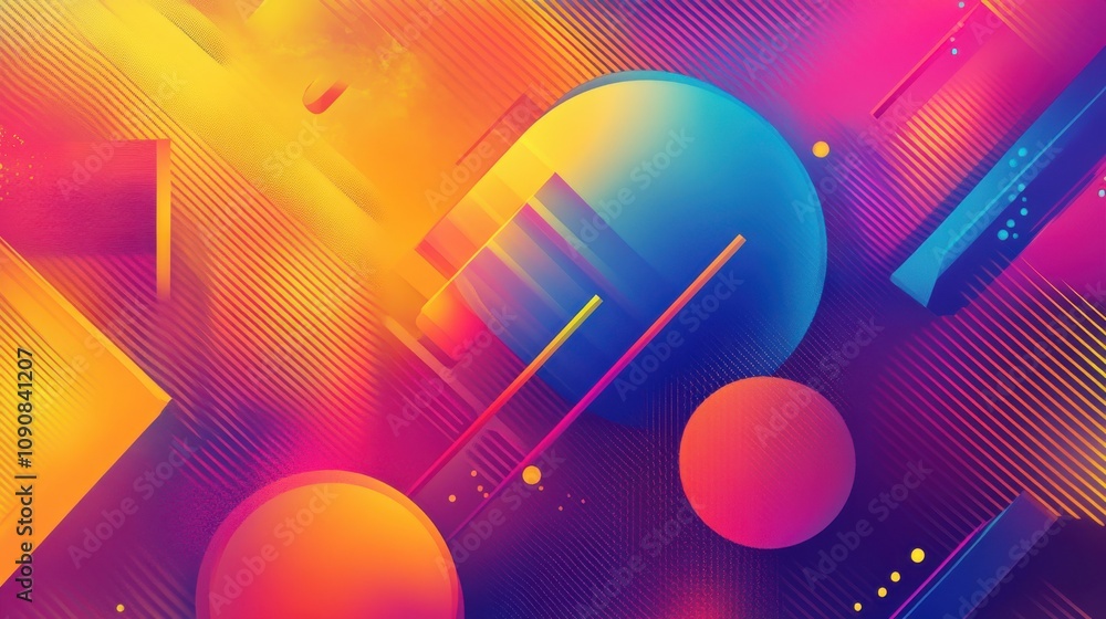 Poster vibrant abstract geometric patterns with colorful shapes and dynamic lines in a lively composition