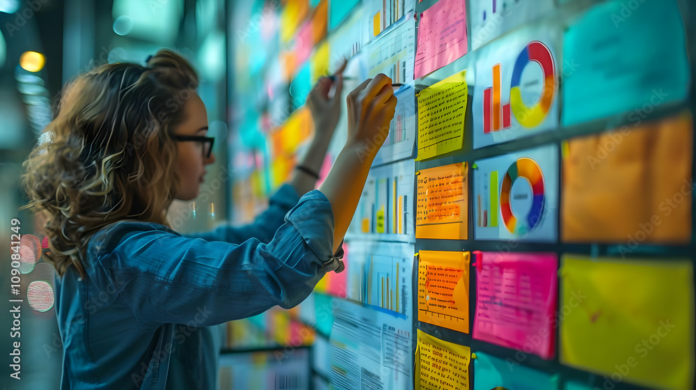 Poster woman analyzes colorful charts and data on a wall, planning strategy with sticky notes and graphs, v