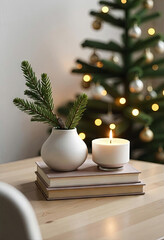 Fototapeta premium Elegant table with candle against the backdrop of a Christmas tree