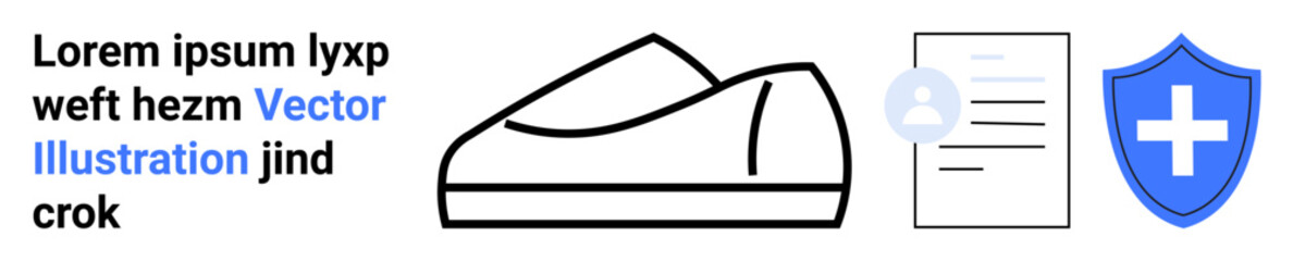 Obraz premium Black and white shoe drawing, user profile icon, document, shield with blue cross. Ideal for product design, personal profile, documentation, medical, security, insurance. Landing page
