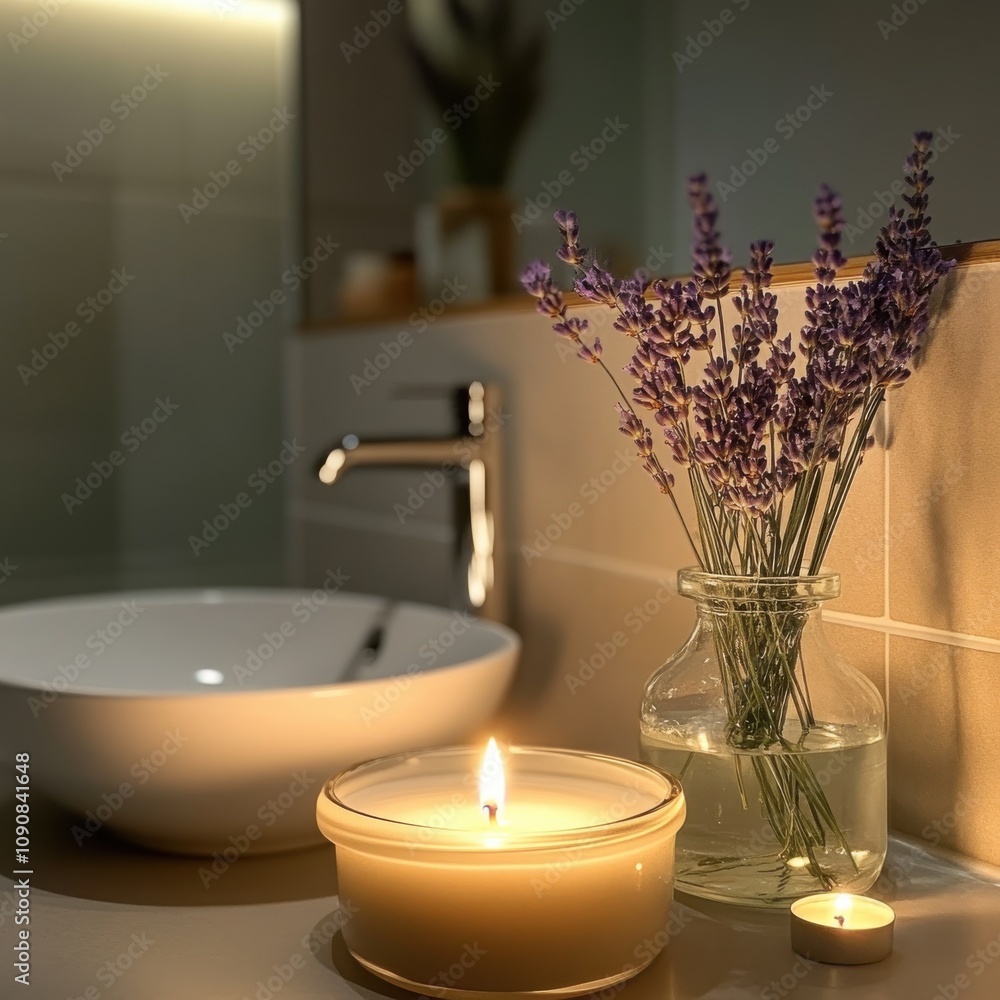 Poster a calming bathroom atmosphere with floating lavender and soft candlelight in the evening glow