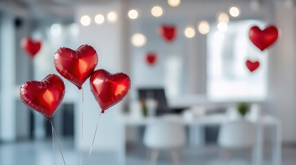 White minimalist office interior decorated with red balloons. Light blurry abstract background for Valentine's Day