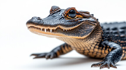 Fototapeta premium Close-up of a young alligator with textured skin and sharp eyes against a white background, showcasing its unique reptilian features and intricate patterns.