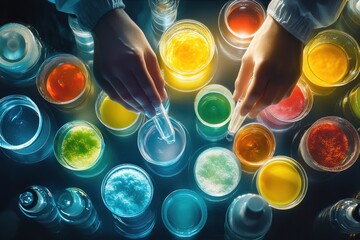 A chemist's hands carefully mixing colorful solutions in laboratory glassware, showcasing a vibrant array of chemical reactions