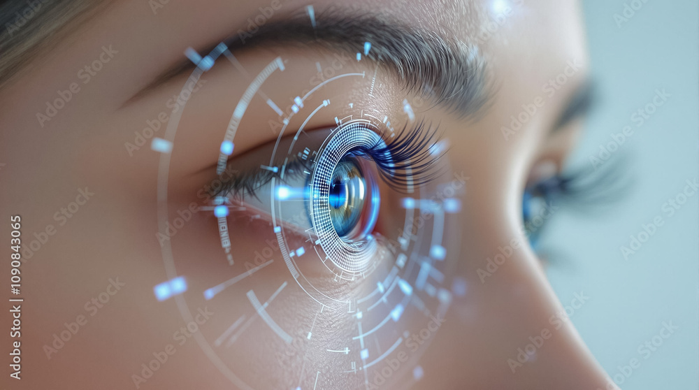 Poster close-up view of a human eye enhanced with digital interfaces and visual elements, highlighting adva