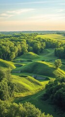 Obraz premium A breathtaking view of Cahokia Mounds at dusk showcasing ancient earthen structures surrounded by lush greenery