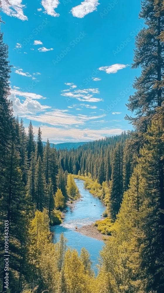 Poster a breathtaking view of the winding river through lush forests in the idaho panhandle during a clear 