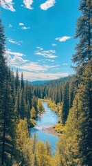 A breathtaking view of the winding river through lush forests in the Idaho Panhandle during a clear sunny day