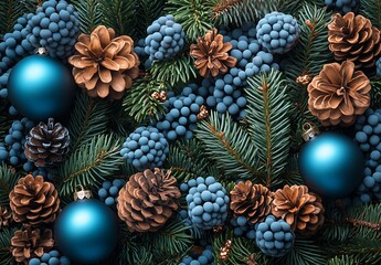 Fototapeta premium Blue Ornaments and Pine Cone Display