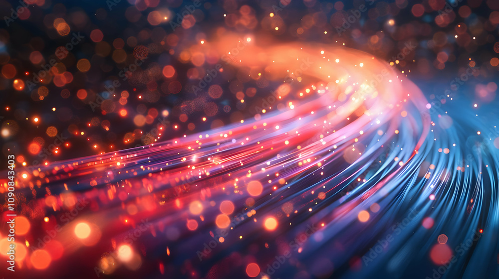 Aufkleber abstract 3d render: glowing red and blue fiber optic streams flowing dynamically with sparkling boke