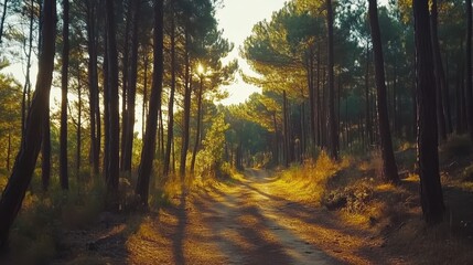 Fototapeta premium A quiet forest trail surrounded by towering pine trees under golden morning light.