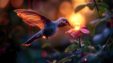 Hummingbird Feeding on Glowing Flower