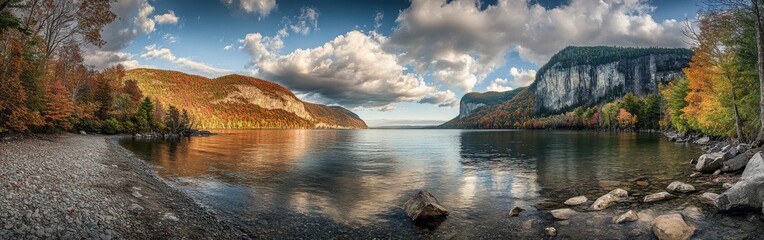 A breathtaking view of autumn colors along the tranquil shores of a serene lake surrounded by towering cliffs at sunset