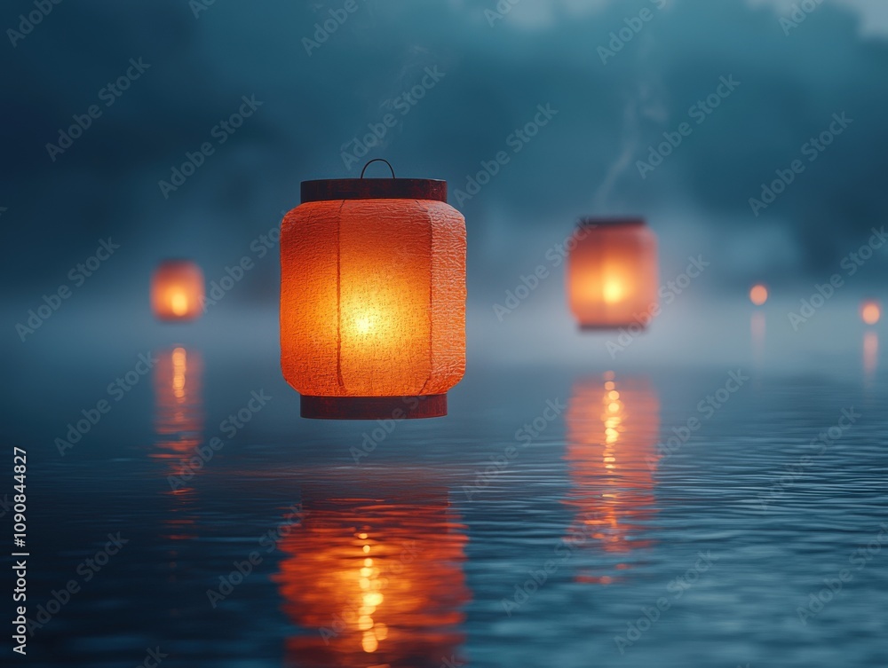 Poster serene lanterns floating on calm water, creating a magical atmosphere at dusk.