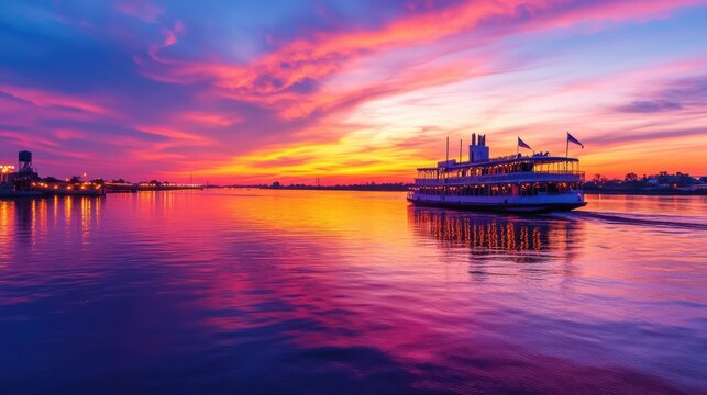 A breathtaking panorama of the Mississippi River at sunset with a riverboat gliding peacefully across the shimmering water