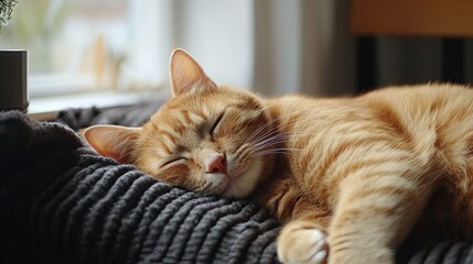 Sleeping Orange Tabby Cat on a Blanket
