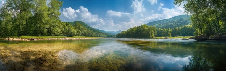 Fototapeta premium A panoramic view of the serene Greenbrier River surrounded by lush greenery and majestic mountains on a clear sunny day