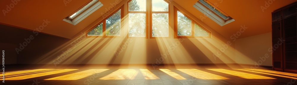 Poster sunlight streaming through windows in an empty room, creating a warm and inviting atmosphere.
