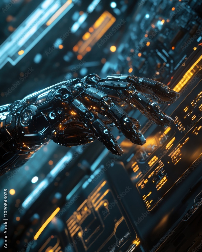 Poster a side-angle view of a futuristic robotic arm interacting with a digital interface in a high-tech en