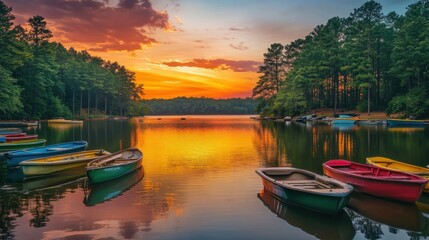 Fototapeta premium Tranquil sunset reflections on the calm waters of Lake surrounded by colorful boats and lush trees in a peaceful setting