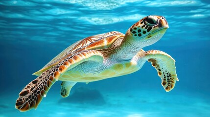 Fototapeta premium A sea turtle gliding peacefully through clear blue ocean waters.