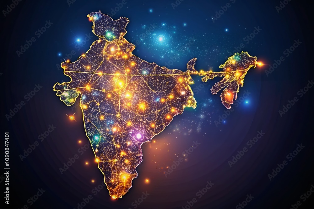 Poster high detailed low light photography of a colorful map of india with intricate patterns and geographi